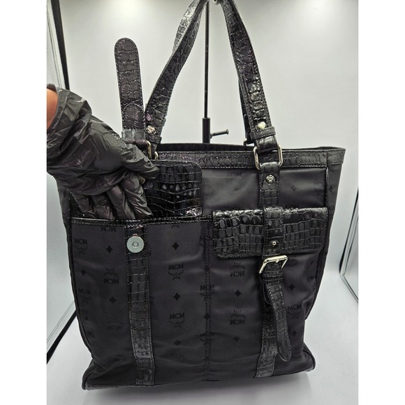 MCM Black Nylon Tote Bag Satchel Purse Handbag with Crocodile Trim‎ - Picture 6 of 11